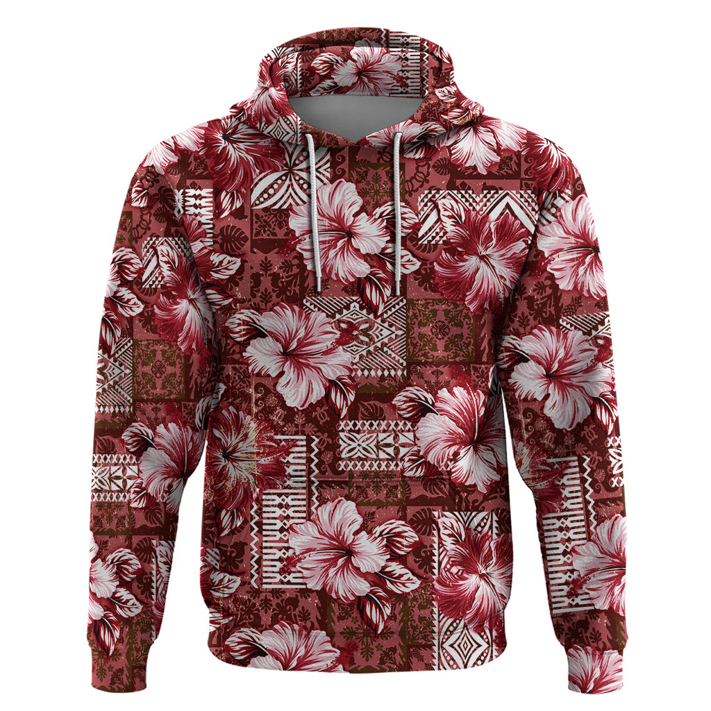 Hawaiian Quilt Pattern Hoodie Hibiscus and Tribal Element Vintage Red Vibe LT03 Pullover Hoodie Red - Polynesian Pride