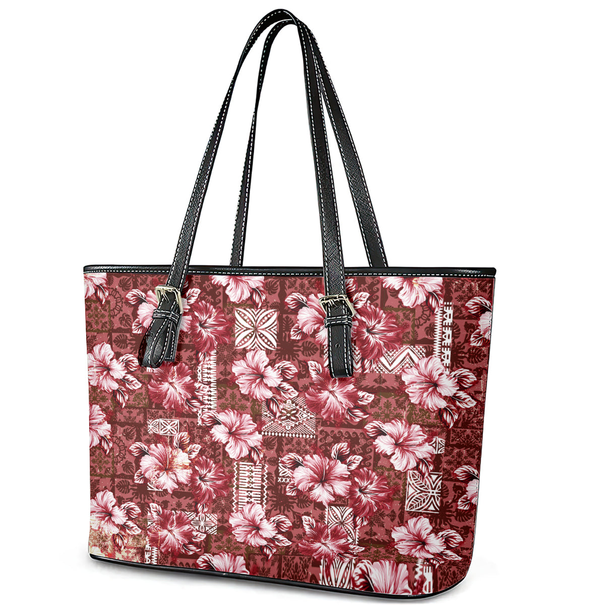 Hawaiian Quilt Pattern Leather Tote Bag Hibiscus and Tribal Element Vintage Red Vibe LT03 - Polynesian Pride