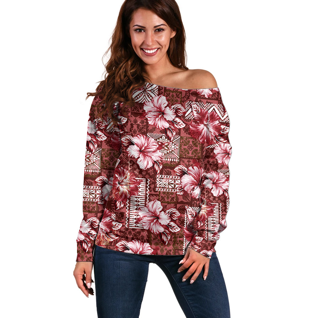 Hawaiian Quilt Pattern Off Shoulder Sweater Hibiscus and Tribal Element Vintage Red Vibe LT03 Women Red - Polynesian Pride