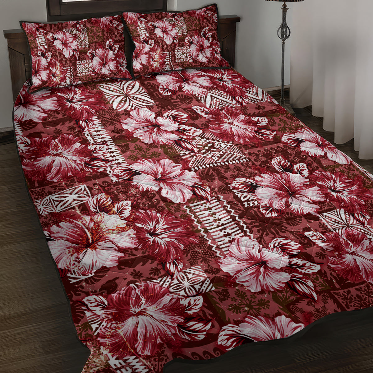 Hawaiian Quilt Pattern Quilt Bed Set Hibiscus and Tribal Element Vintage Red Vibe LT03 Red - Polynesian Pride