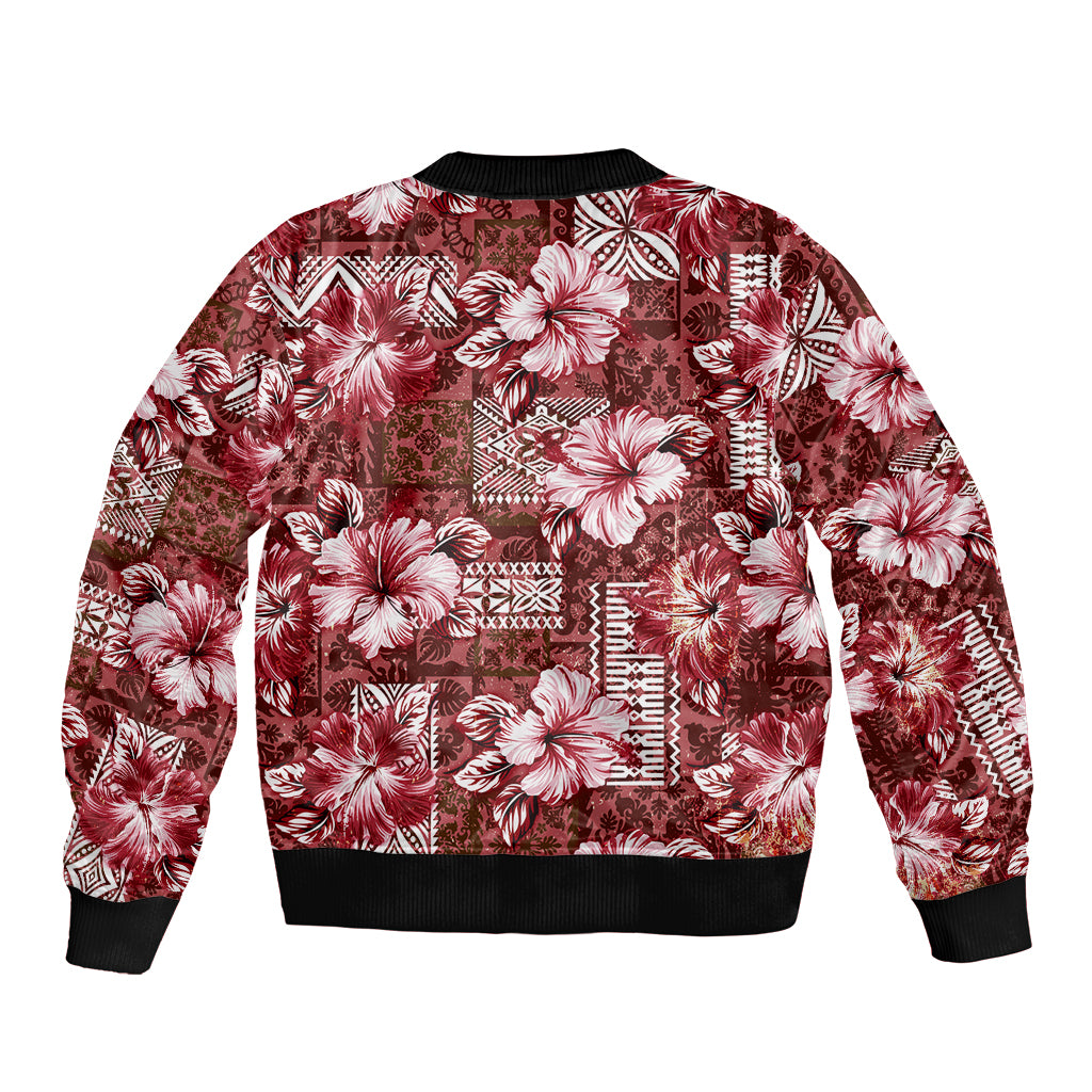 Hawaiian Quilt Pattern Sleeve Zip Bomber Jacket Hibiscus and Tribal Element Vintage Red Vibe LT03 - Polynesian Pride