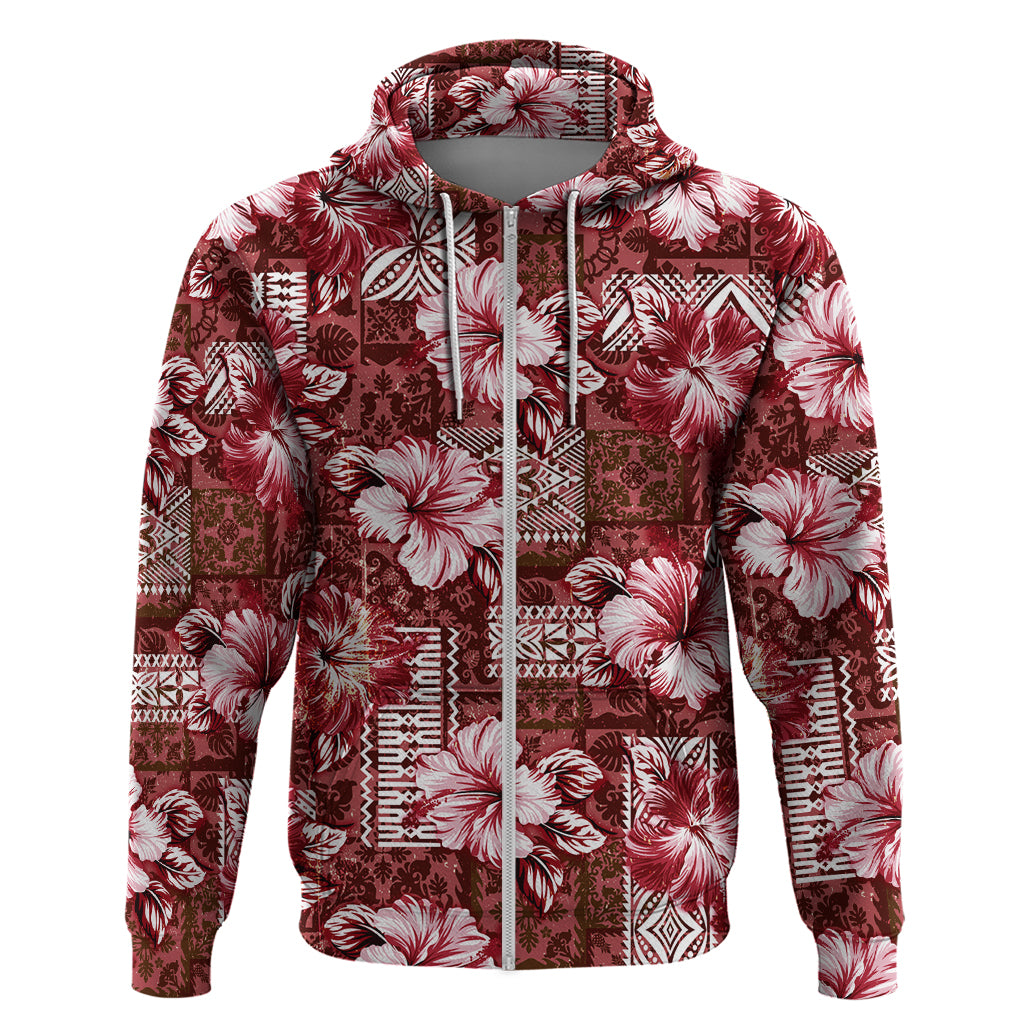 Hawaiian Quilt Pattern Zip Hoodie Hibiscus and Tribal Element Vintage Red Vibe LT03 Zip Hoodie Red - Polynesian Pride