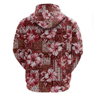Hawaiian Quilt Pattern Zip Hoodie Hibiscus and Tribal Element Vintage Red Vibe LT03 - Polynesian Pride