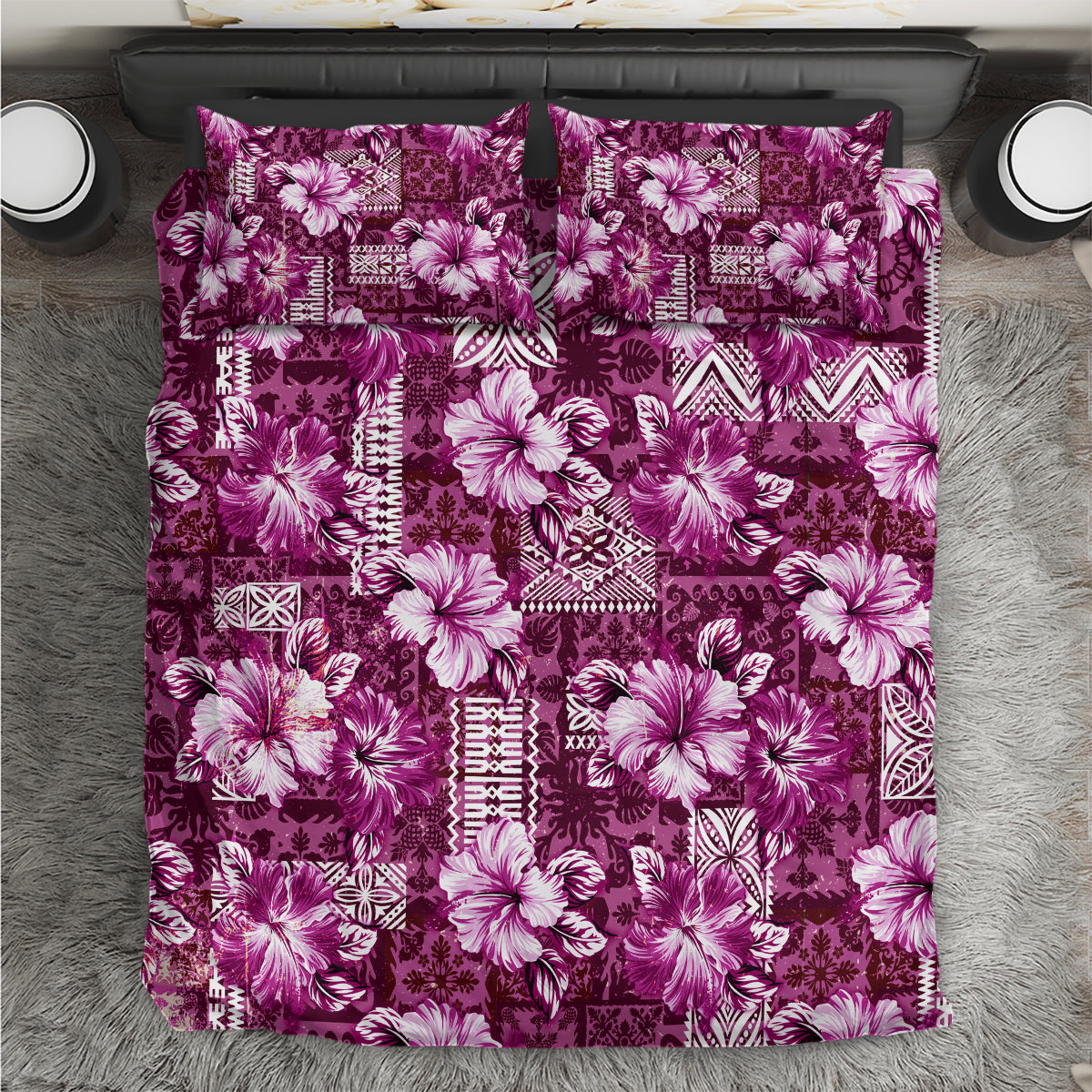 Hawaiian Quilt Pattern Bedding Set Hibiscus and Tribal Element Vintage Pink Vibe LT03 Pink - Polynesian Pride