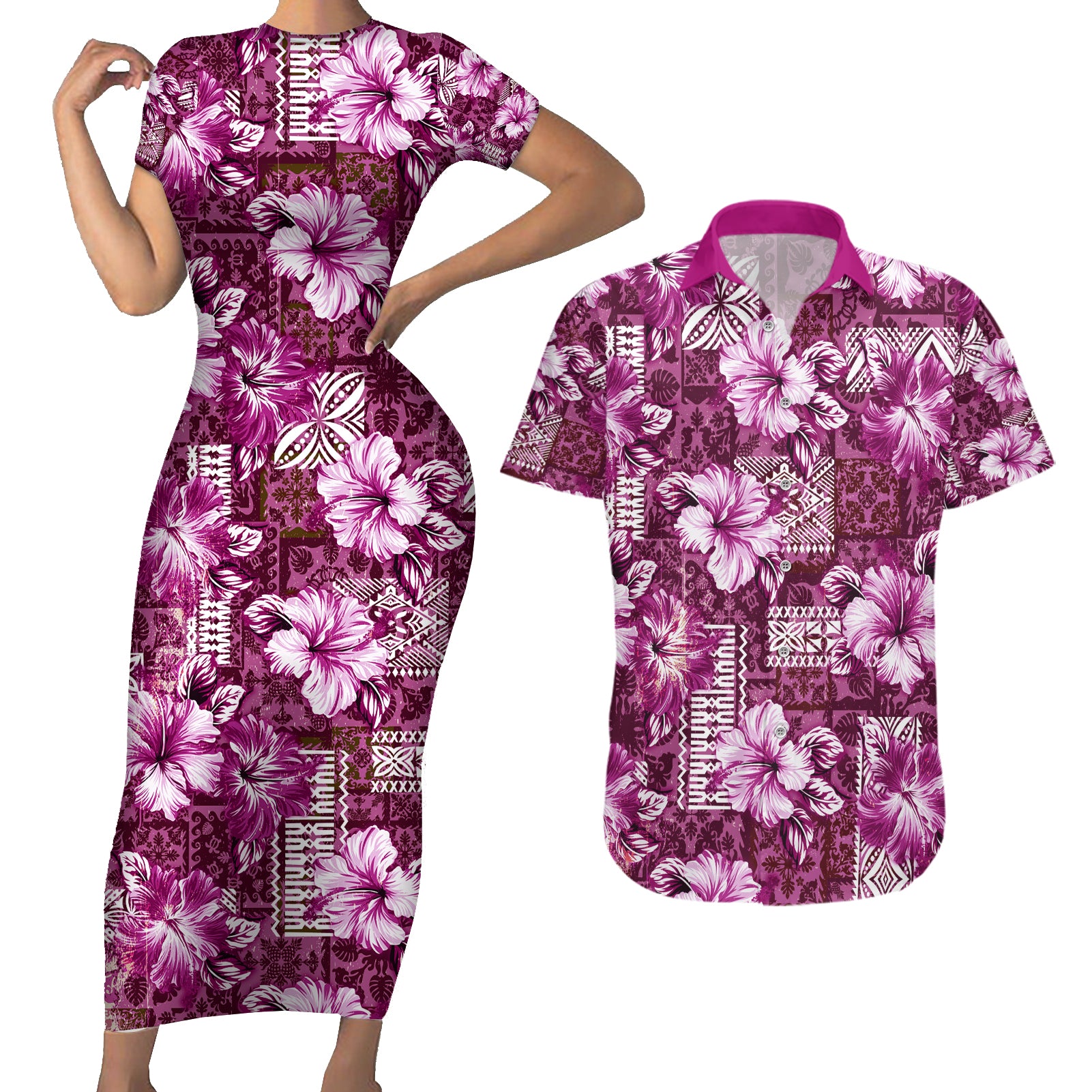 Hawaiian Quilt Pattern Couples Matching Short Sleeve Bodycon Dress and Hawaiian Shirt Hibiscus and Tribal Element Vintage Pink Vibe LT03 Pink - Polynesian Pride