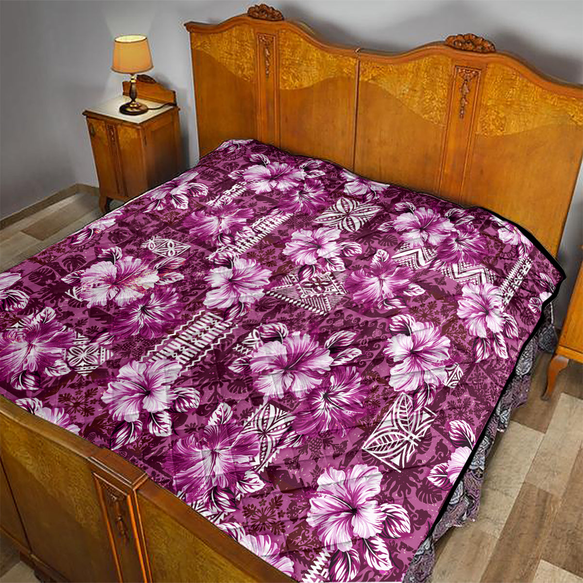Hawaiian Quilt Pattern Quilt Hibiscus and Tribal Element Vintage Pink Vibe LT03 - Polynesian Pride
