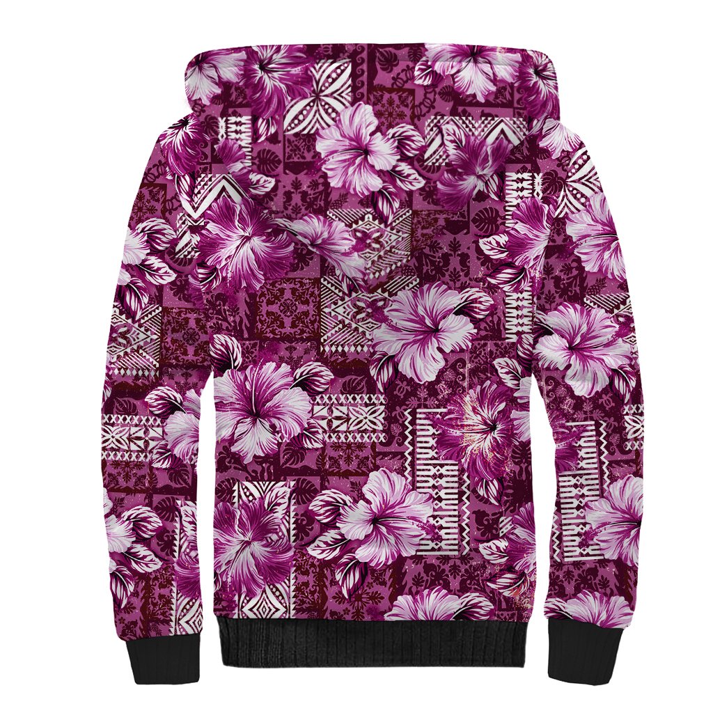 Hawaiian Quilt Pattern Sherpa Hoodie Hibiscus and Tribal Element Vintage Pink Vibe LT03 - Polynesian Pride