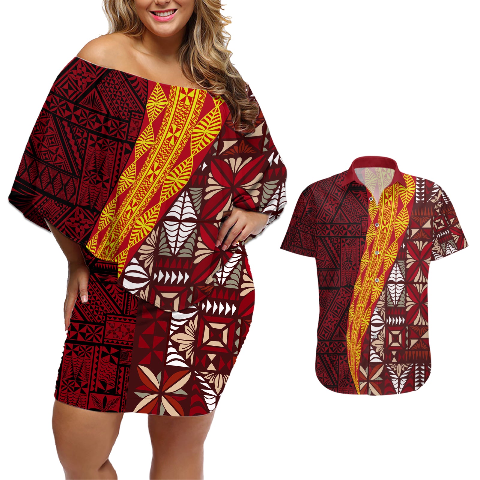 Tonga Feletoa Kupesi Fakatonga Couples Matching Off Shoulder Short Dress and Hawaiian Shirt LT03 Red - Polynesian Pride