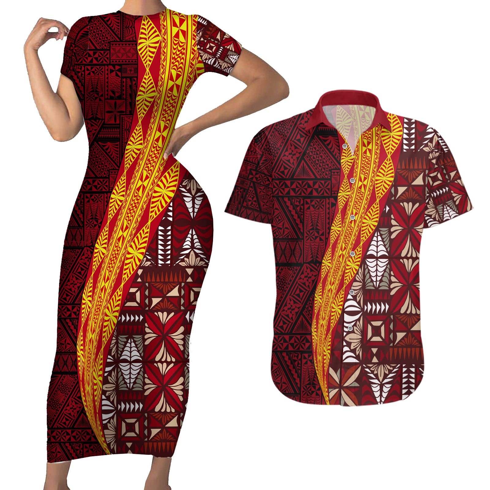 Tonga Feletoa Kupesi Fakatonga Couples Matching Short Sleeve Bodycon Dress and Hawaiian Shirt LT03 Red - Polynesian Pride