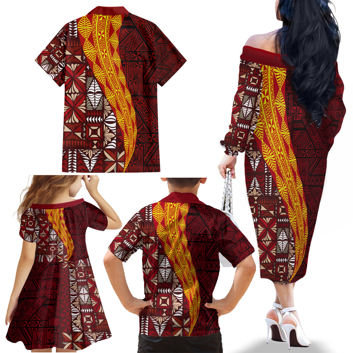 Tonga Feletoa Kupesi Fakatonga Family Matching Off Shoulder Long Sleeve Dress and Hawaiian Shirt LT03 - Polynesian Pride