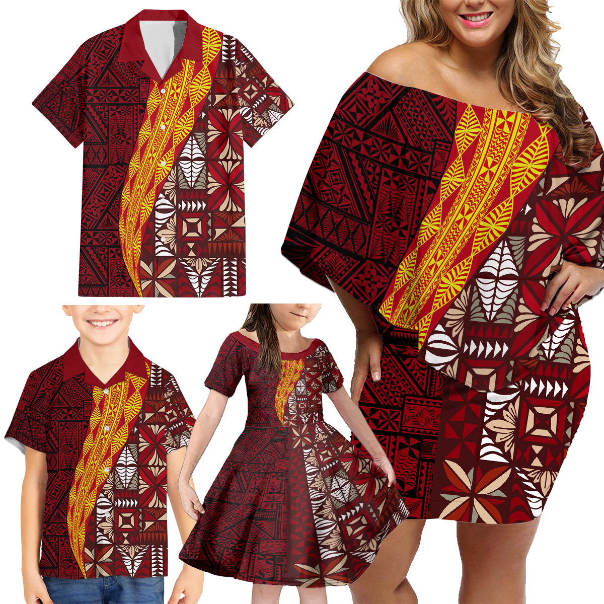 Tonga Feletoa Kupesi Fakatonga Family Matching Off Shoulder Short Dress and Hawaiian Shirt LT03 - Polynesian Pride