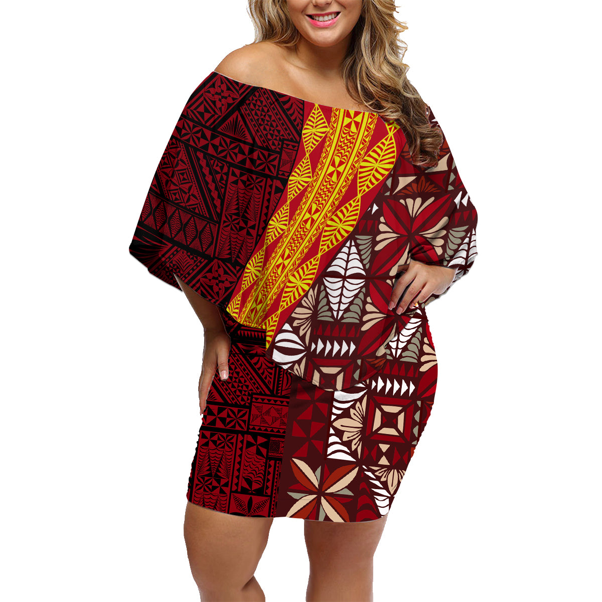 Tonga Feletoa Kupesi Fakatonga Family Matching Off Shoulder Short Dress and Hawaiian Shirt LT03 Mom's Dress Red - Polynesian Pride