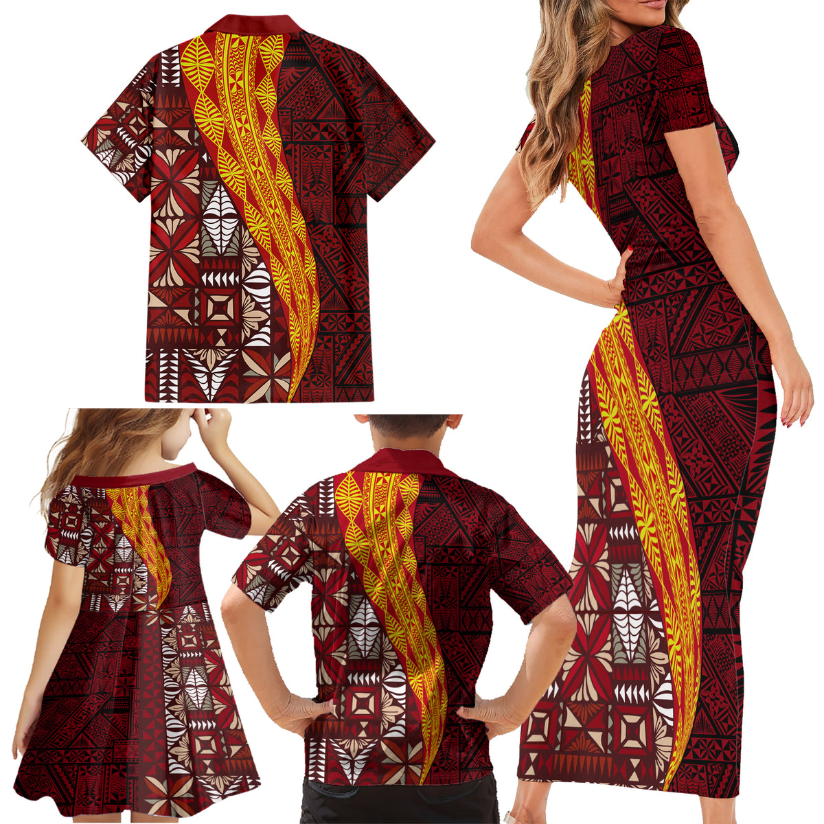 Tonga Feletoa Kupesi Fakatonga Family Matching Short Sleeve Bodycon Dress and Hawaiian Shirt LT03 - Polynesian Pride