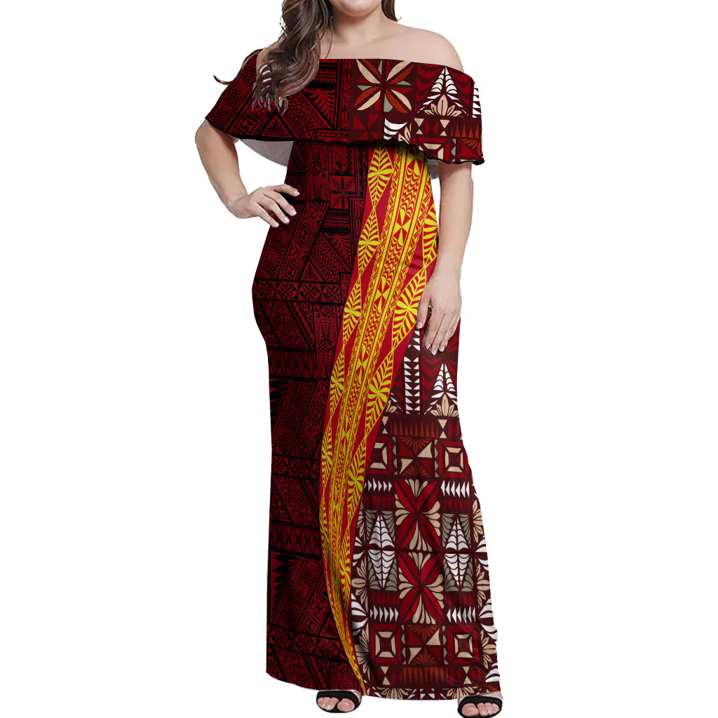 Tonga Feletoa Kupesi Fakatonga Off Shoulder Maxi Dress LT03 Women Red - Polynesian Pride