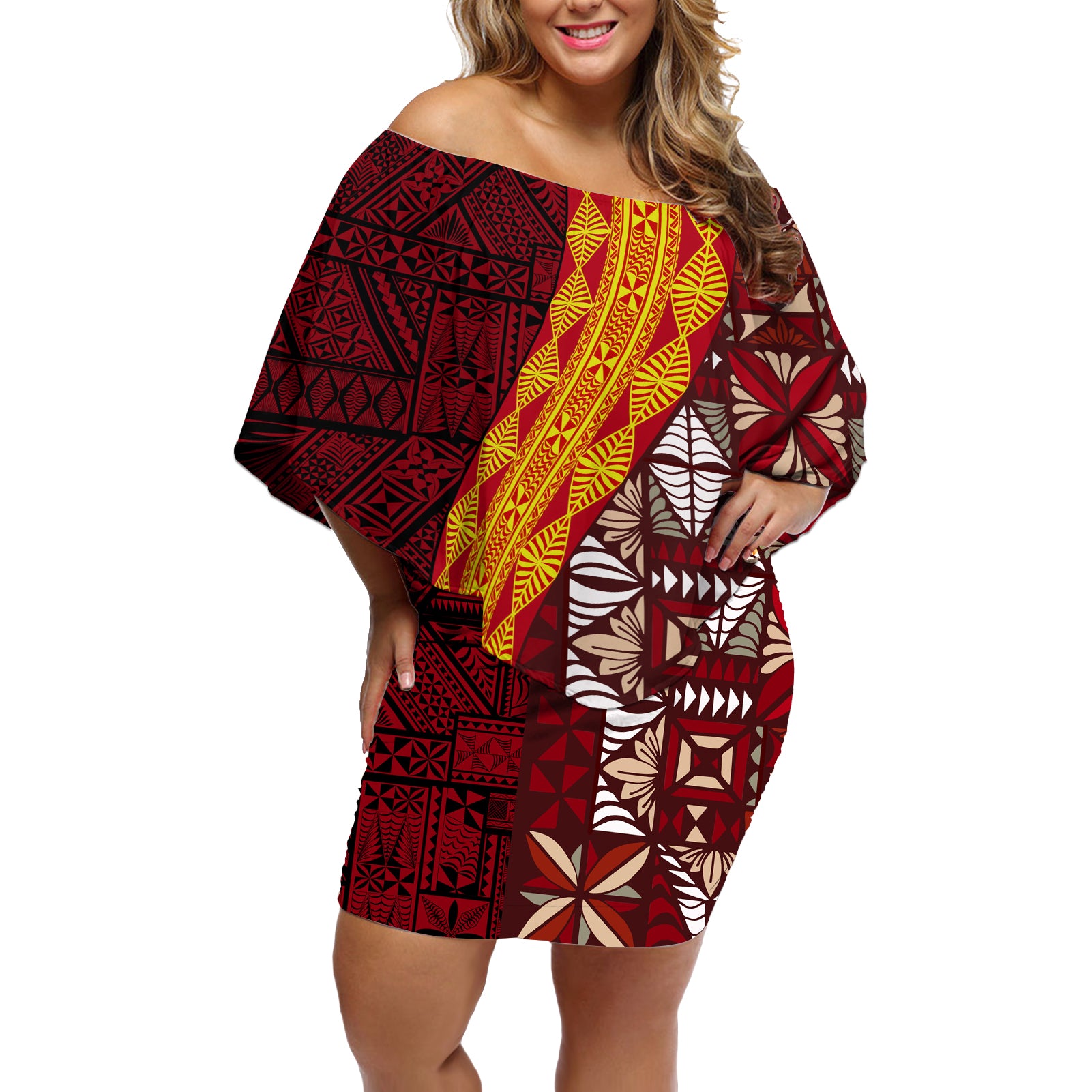 Tonga Feletoa Kupesi Fakatonga Off Shoulder Short Dress LT03 Women Red - Polynesian Pride