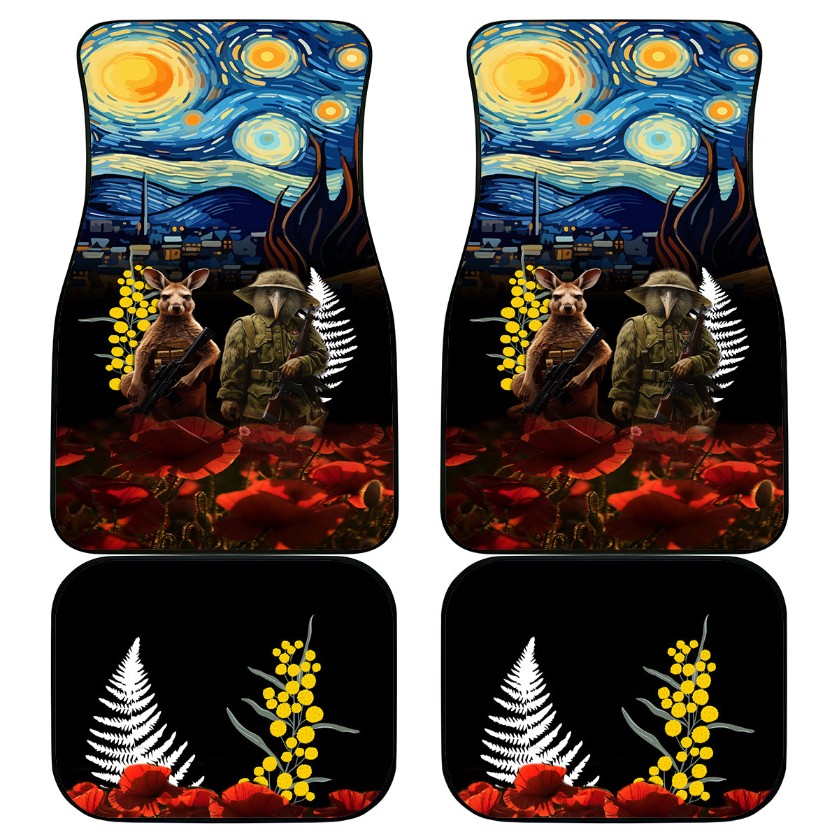 New Zealand and Australia ANZAC Day Car Mats Kiwi Bird and Kangaroo Soldier Starry Night Style LT03 - Polynesian Pride