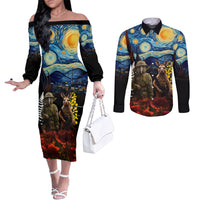 New Zealand and Australia ANZAC Day Couples Matching Off The Shoulder Long Sleeve Dress and Long Sleeve Button Shirt Kiwi Bird and Kangaroo Soldier Starry Night Style LT03 Black - Polynesian Pride