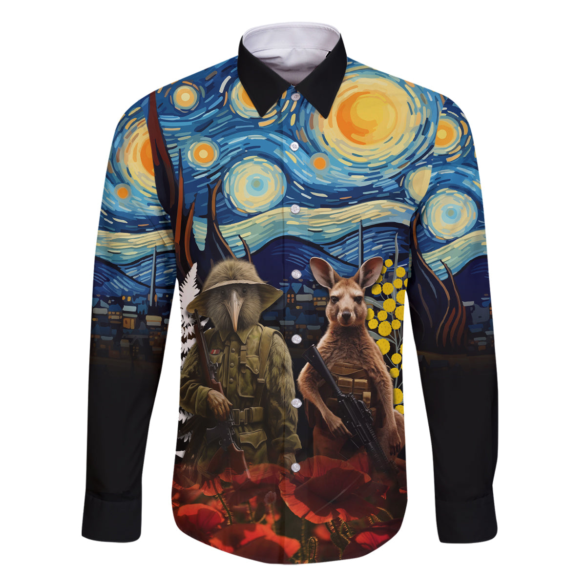 New Zealand and Australia ANZAC Day Family Matching Summer Maxi Dress and Hawaiian Shirt Kiwi Bird and Kangaroo Soldier Starry Night Style LT03 Dad's Shirt - Long Sleeve Black - Polynesian Pride