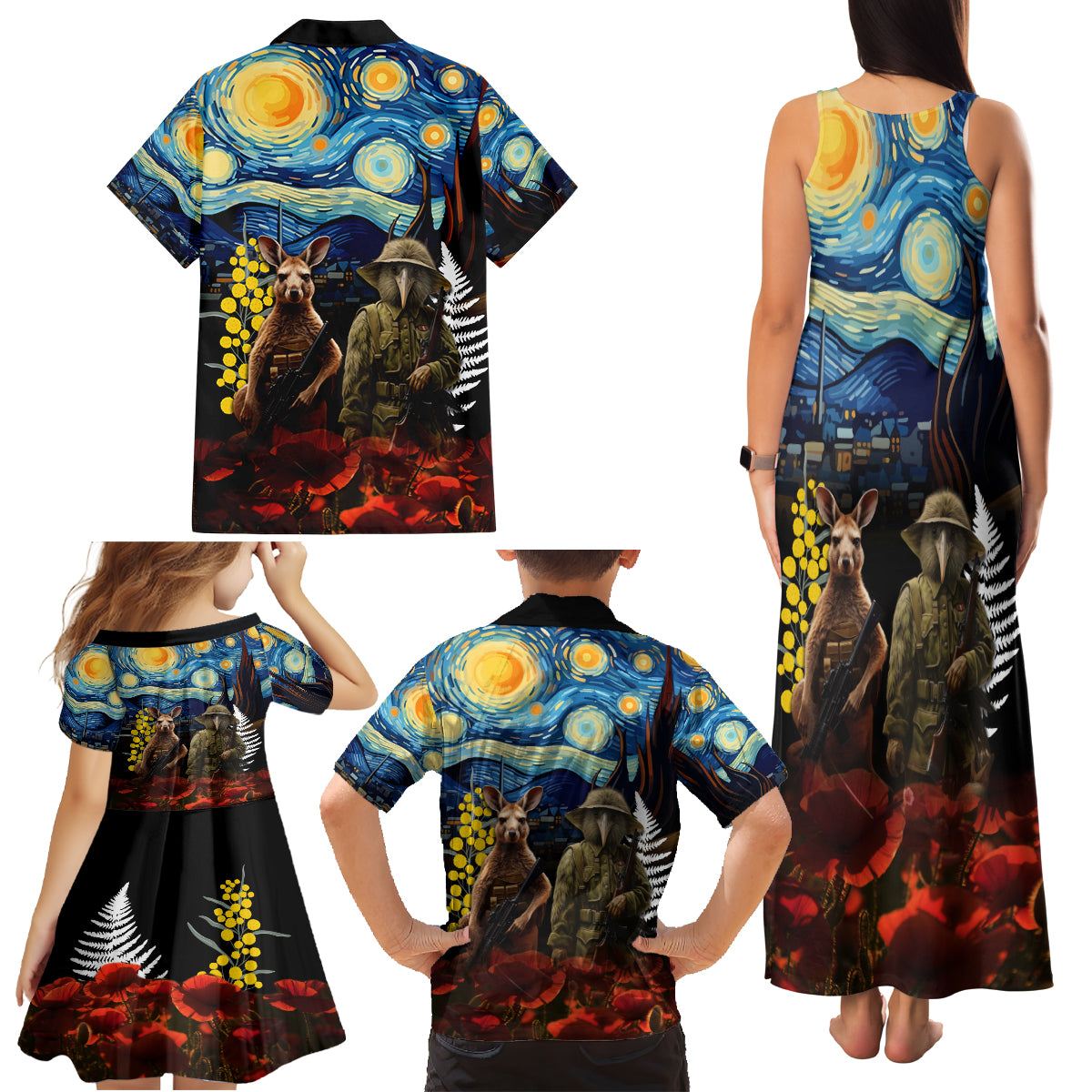 New Zealand and Australia ANZAC Day Family Matching Tank Maxi Dress and Hawaiian Shirt Kiwi Bird and Kangaroo Soldier Starry Night Style LT03 - Polynesian Pride