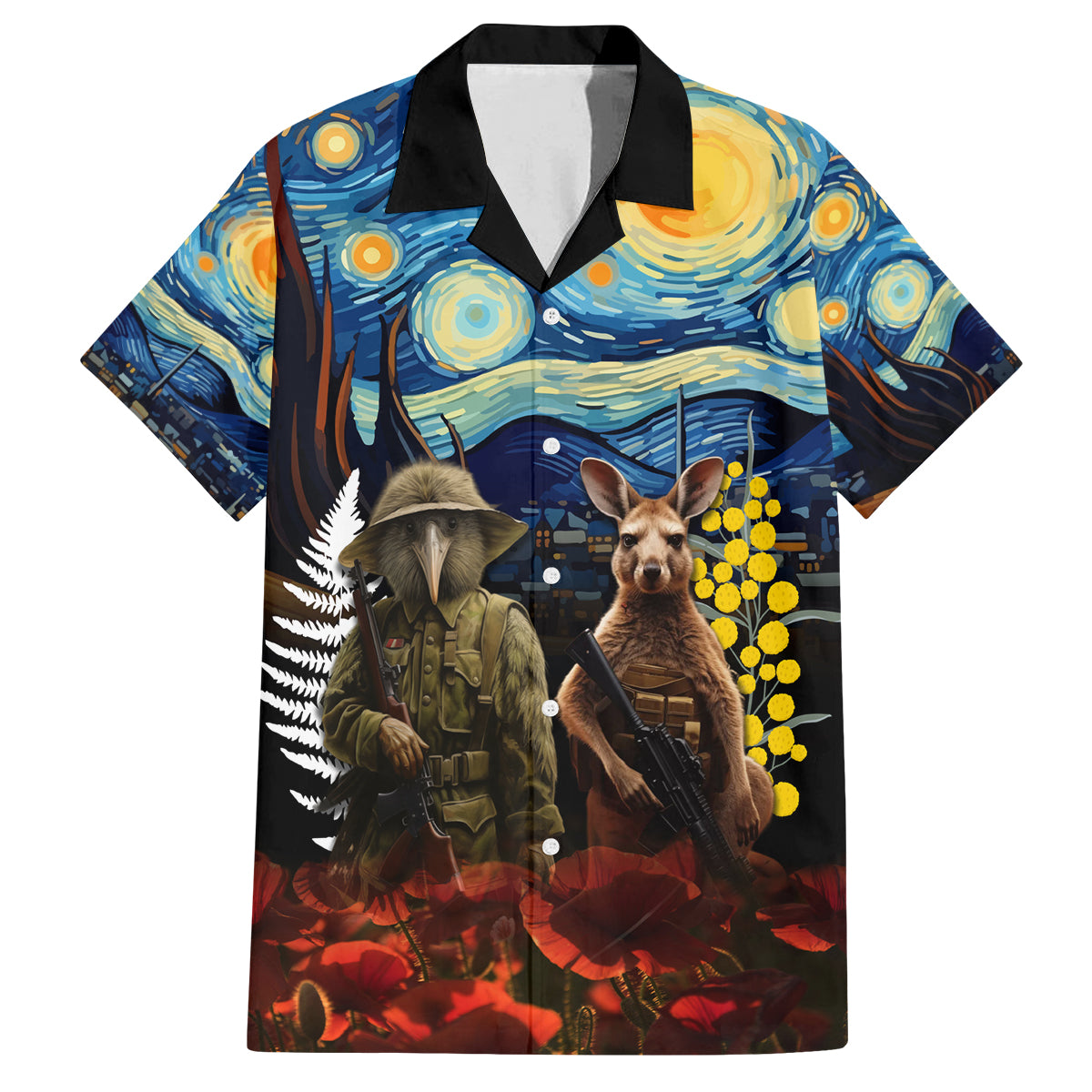 New Zealand and Australia ANZAC Day Family Matching Tank Maxi Dress and Hawaiian Shirt Kiwi Bird and Kangaroo Soldier Starry Night Style LT03 Dad's Shirt - Short Sleeve Black - Polynesian Pride