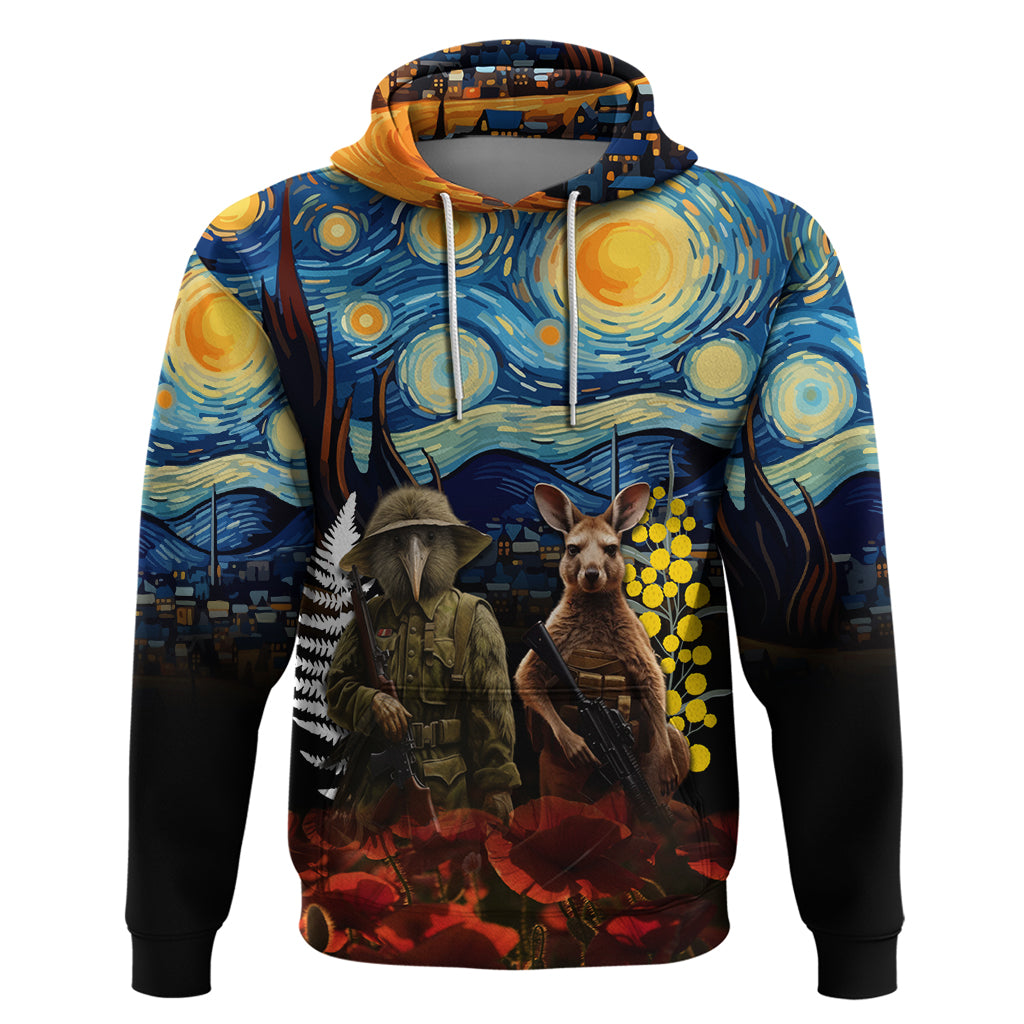 New Zealand and Australia ANZAC Day Hoodie Kiwi Bird and Kangaroo Soldier Starry Night Style LT03 Pullover Hoodie Black - Polynesian Pride