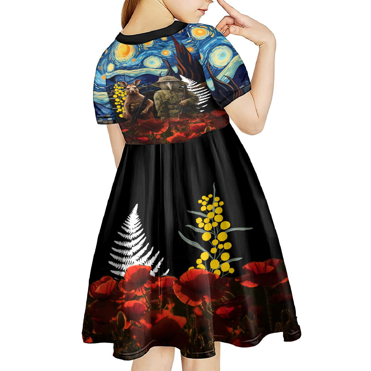 New Zealand and Australia ANZAC Day Kid Short Sleeve Dress Kiwi Bird and Kangaroo Soldier Starry Night Style LT03 - Polynesian Pride