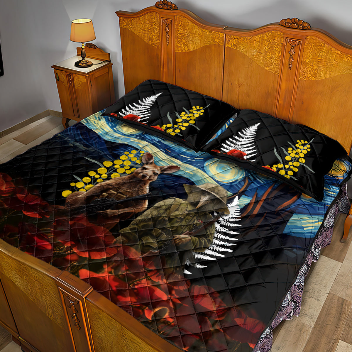 New Zealand and Australia ANZAC Day Quilt Bed Set Kiwi Bird and Kangaroo Soldier Starry Night Style LT03 - Polynesian Pride