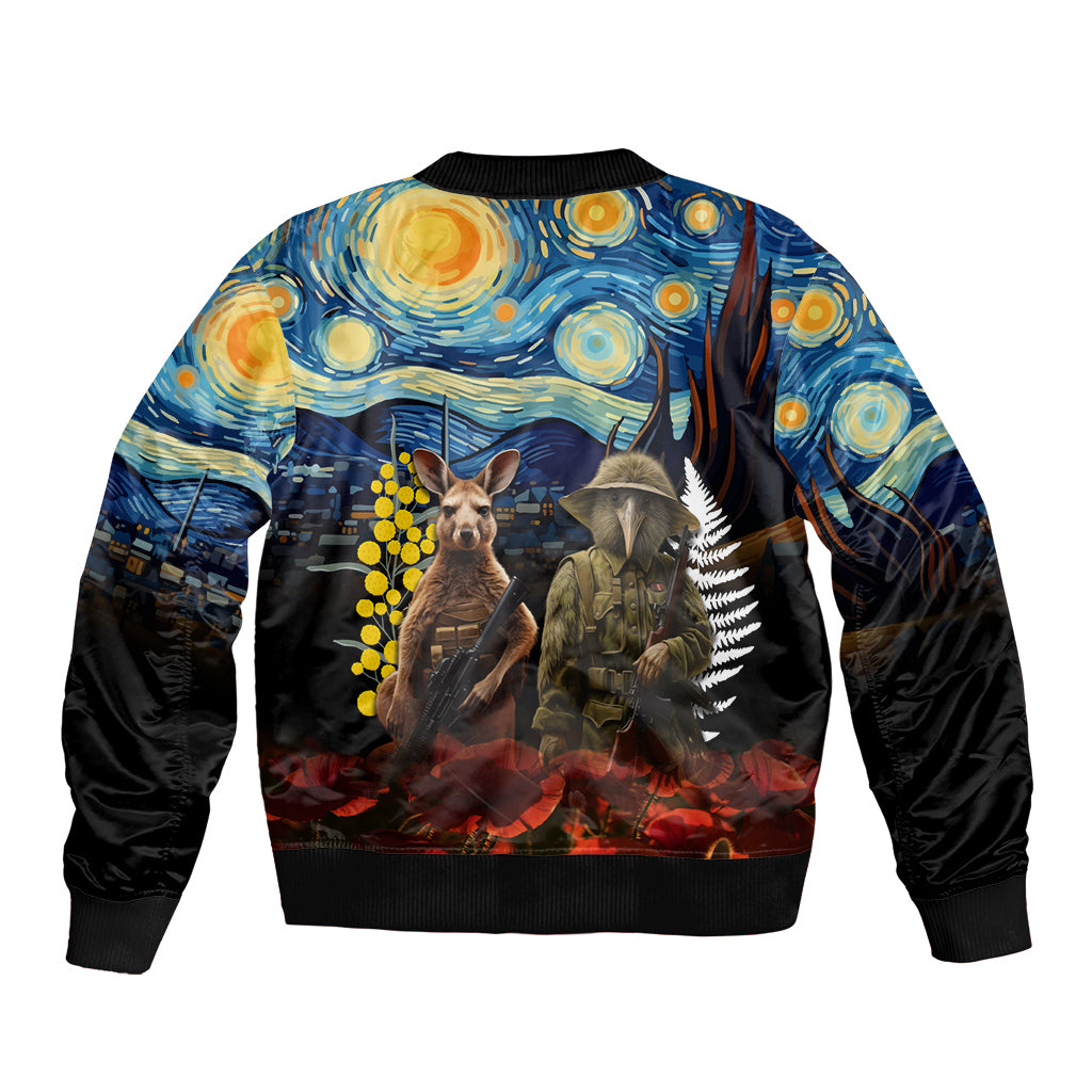 New Zealand and Australia ANZAC Day Sleeve Zip Bomber Jacket Kiwi Bird and Kangaroo Soldier Starry Night Style LT03 - Polynesian Pride