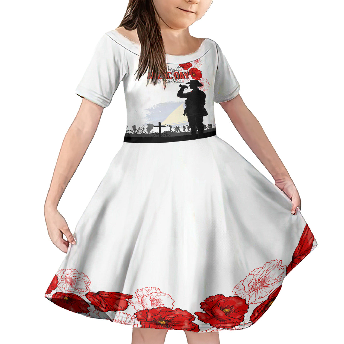 Tokelau ANZAC Day Family Matching Off Shoulder Long Sleeve Dress and Hawaiian Shirt Lest We Forget Red Poppy Flowers and Soldier LT03 Daughter's Dress White - Polynesian Pride