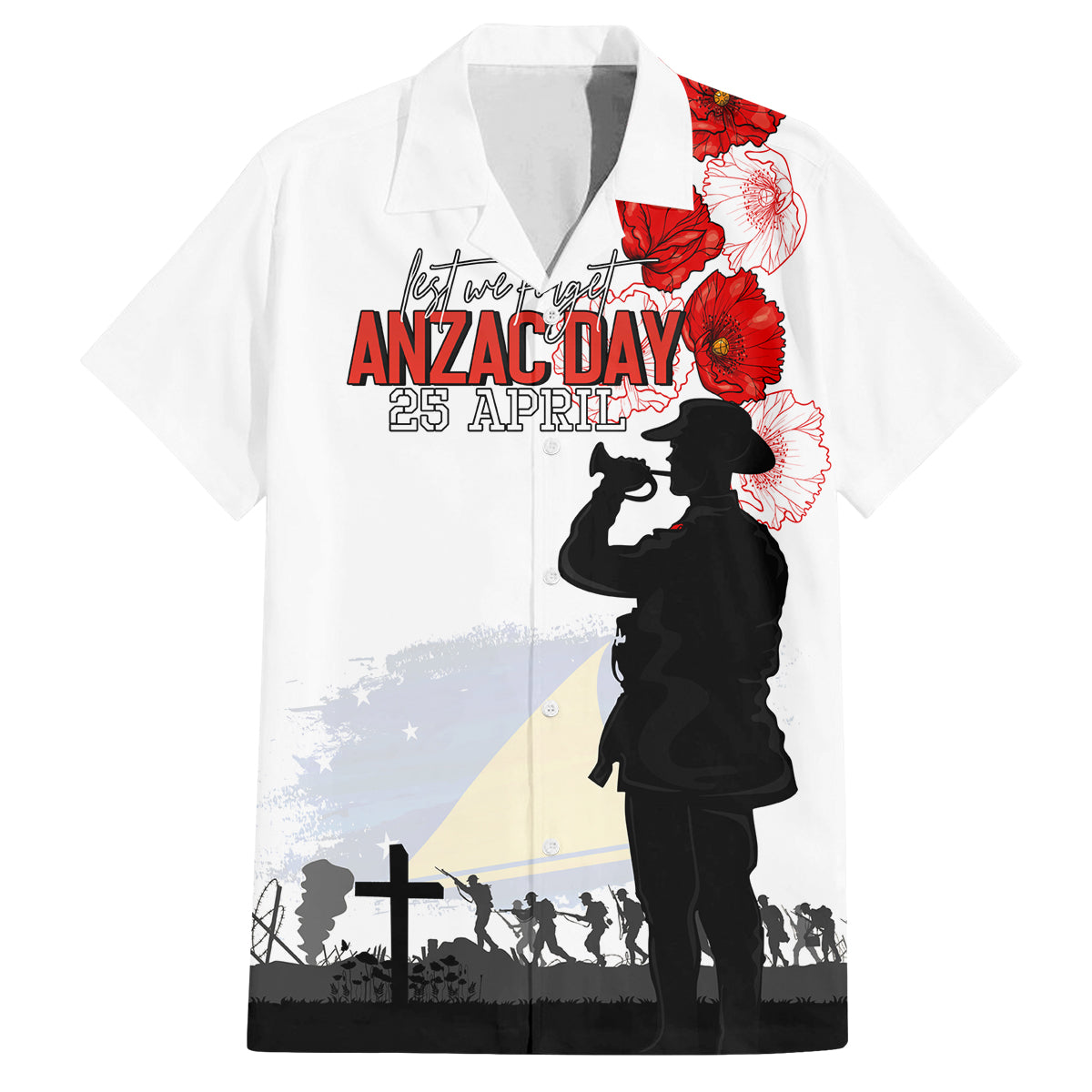 Tokelau ANZAC Day Family Matching Off Shoulder Maxi Dress and Hawaiian Shirt Lest We Forget Red Poppy Flowers and Soldier LT03 Dad's Shirt - Short Sleeve White - Polynesian Pride