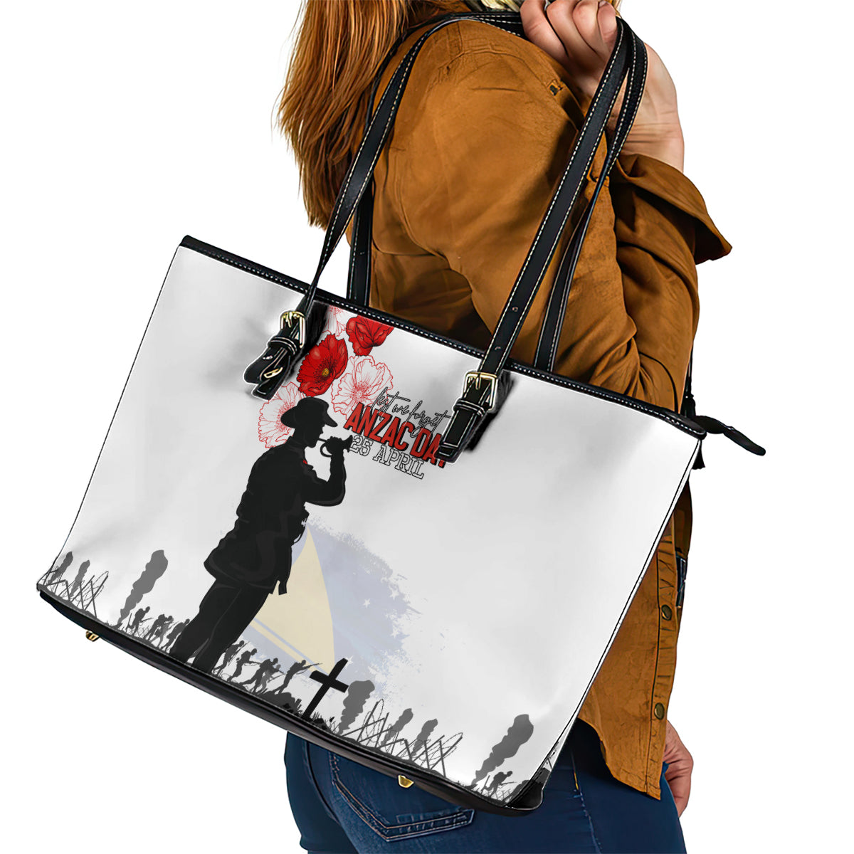 Tokelau ANZAC Day Leather Tote Bag Lest We Forget Red Poppy Flowers and Soldier LT03 - Polynesian Pride