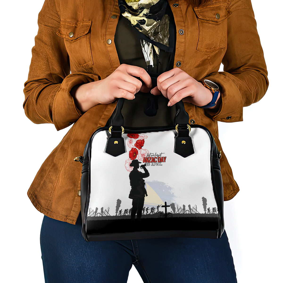Tokelau ANZAC Day Shoulder Handbag Lest We Forget Red Poppy Flowers and Soldier LT03 - Polynesian Pride