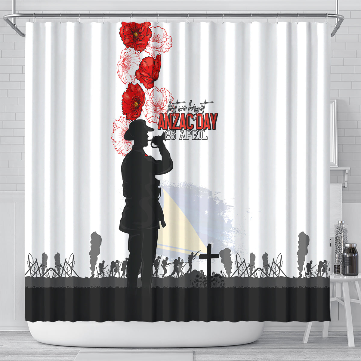 Tokelau ANZAC Day Shower Curtain Lest We Forget Red Poppy Flowers and Soldier LT03 - Polynesian Pride