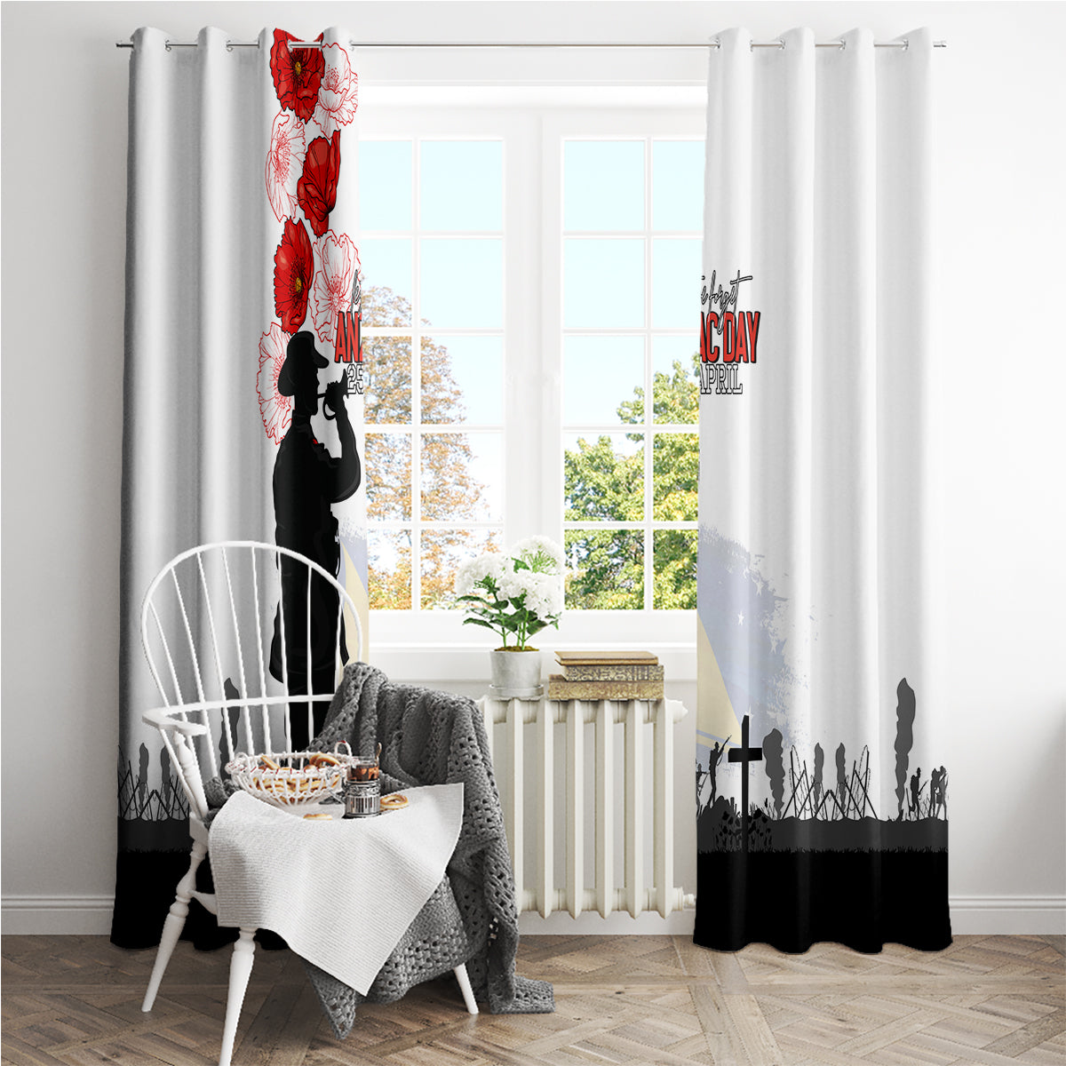 Tokelau ANZAC Day Window Curtain Lest We Forget Red Poppy Flowers and Soldier LT03 - Polynesian Pride