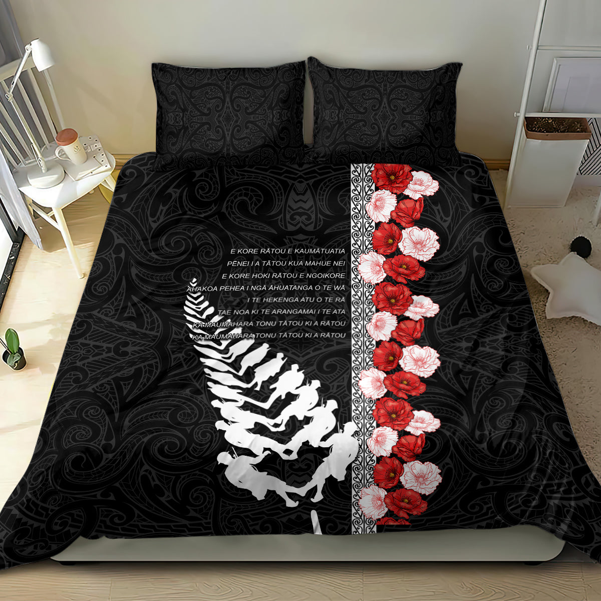 New Zealand ANZAC Day Bedding Set Soldier Silver Fern with Red Poppies Flower Maori Style LT03 - Polynesian Pride