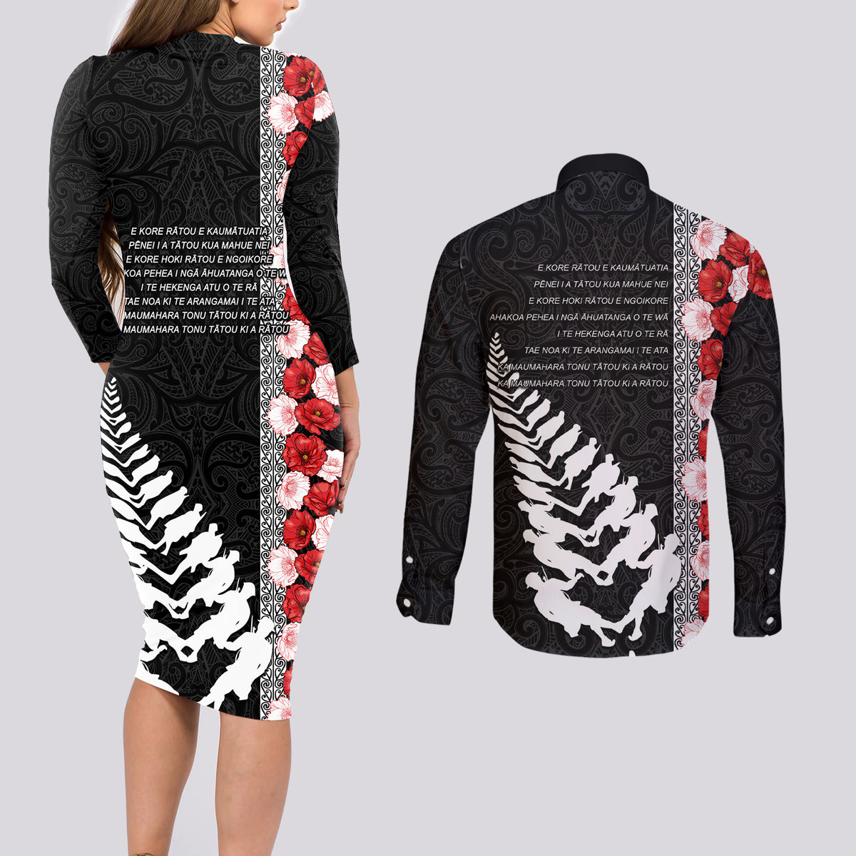 New Zealand ANZAC Day Couples Matching Long Sleeve Bodycon Dress and Long Sleeve Button Shirt Soldier Silver Fern with Red Poppies Flower Maori Style LT03 - Polynesian Pride