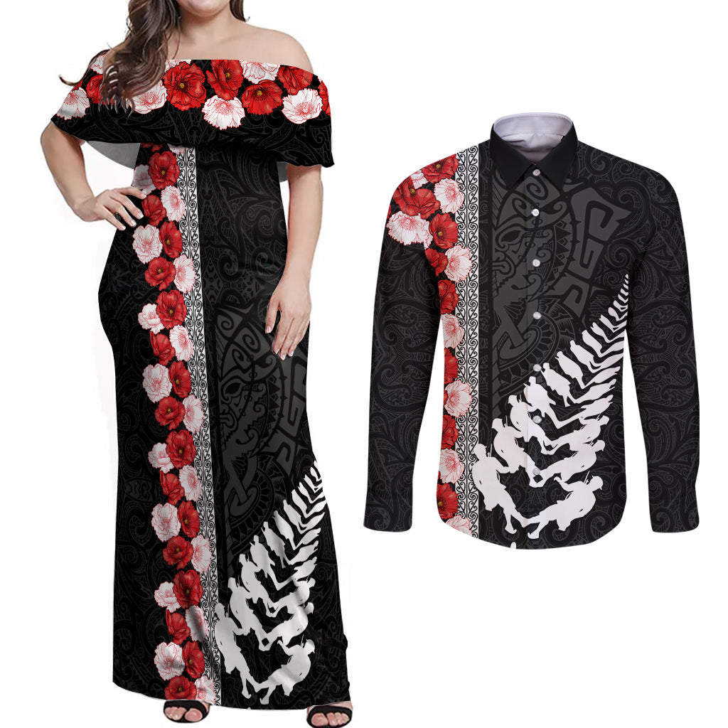 New Zealand ANZAC Day Couples Matching Off Shoulder Maxi Dress and Long Sleeve Button Shirt Soldier Silver Fern with Red Poppies Flower Maori Style LT03 Black - Polynesian Pride