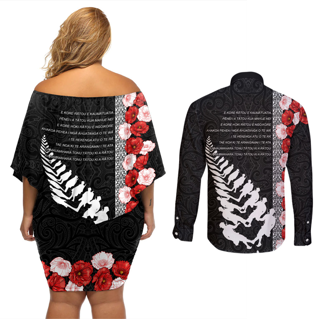 New Zealand ANZAC Day Couples Matching Off Shoulder Short Dress and Long Sleeve Button Shirt Soldier Silver Fern with Red Poppies Flower Maori Style LT03 - Polynesian Pride
