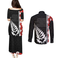 New Zealand ANZAC Day Couples Matching Puletasi and Long Sleeve Button Shirt Soldier Silver Fern with Red Poppies Flower Maori Style LT03 - Polynesian Pride