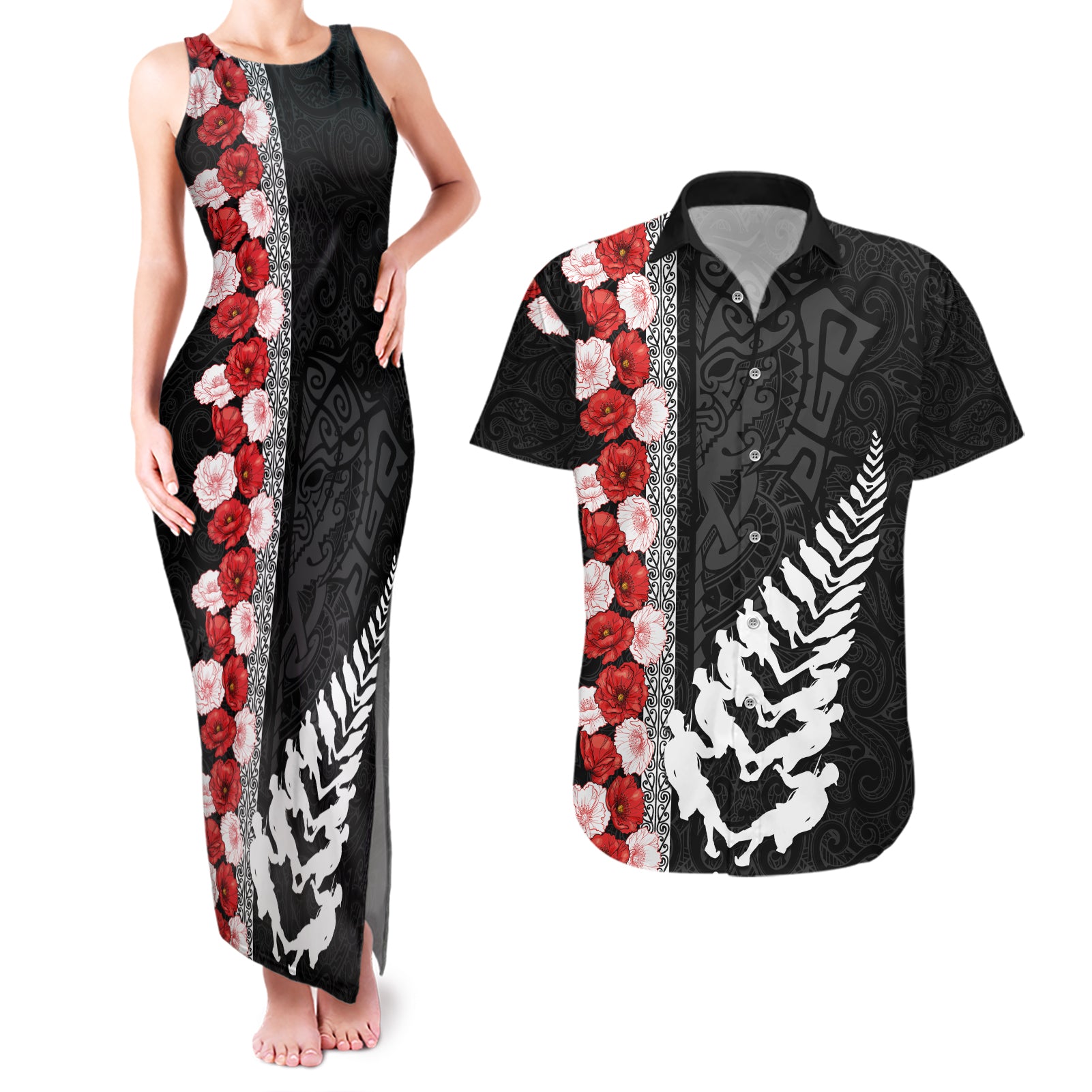 New Zealand ANZAC Day Couples Matching Tank Maxi Dress and Hawaiian Shirt Soldier Silver Fern with Red Poppies Flower Maori Style LT03 Black - Polynesian Pride