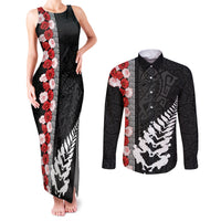 New Zealand ANZAC Day Couples Matching Tank Maxi Dress and Long Sleeve Button Shirt Soldier Silver Fern with Red Poppies Flower Maori Style LT03 Black - Polynesian Pride