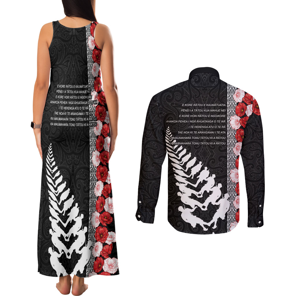 New Zealand ANZAC Day Couples Matching Tank Maxi Dress and Long Sleeve Button Shirt Soldier Silver Fern with Red Poppies Flower Maori Style LT03 - Polynesian Pride