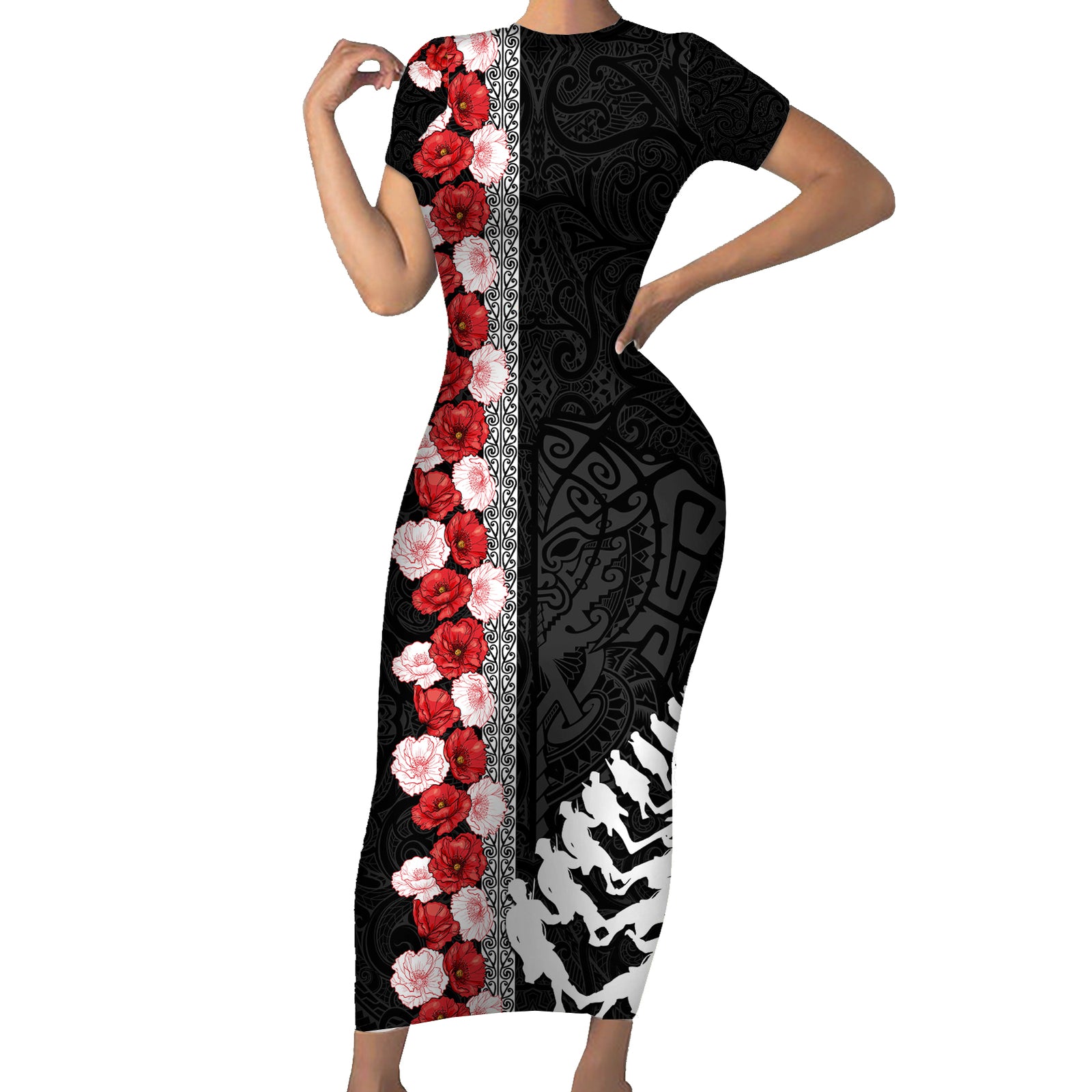 New Zealand ANZAC Day Short Sleeve Bodycon Dress Soldier Silver Fern with Red Poppies Flower Maori Style LT03 Long Dress Black - Polynesian Pride