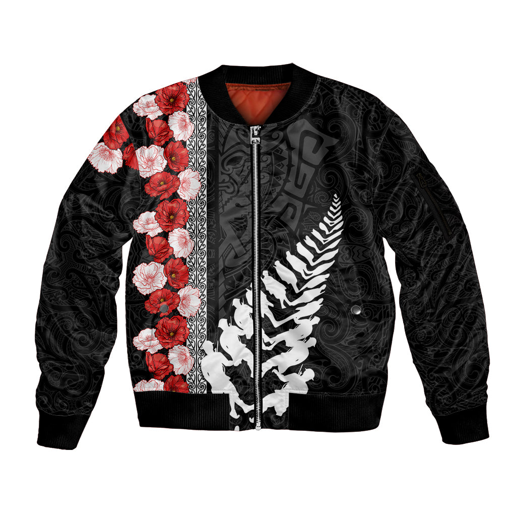 New Zealand ANZAC Day Sleeve Zip Bomber Jacket Soldier Silver Fern with Red Poppies Flower Maori Style LT03 Unisex Black - Polynesian Pride