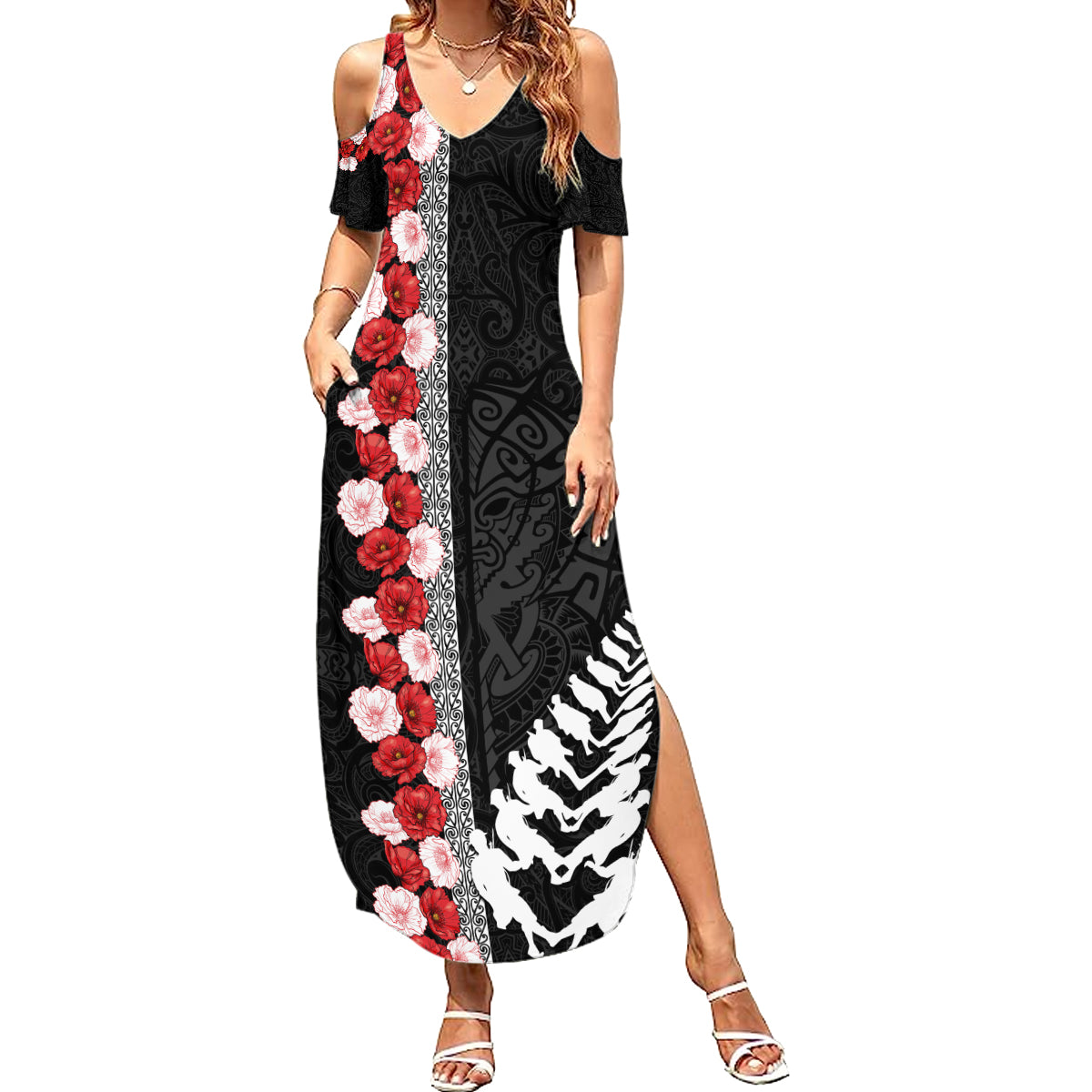 New Zealand ANZAC Day Summer Maxi Dress Soldier Silver Fern with Red Poppies Flower Maori Style LT03 Women Black - Polynesian Pride