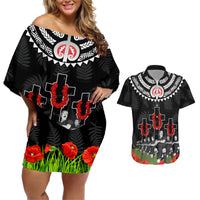 New Zealand ANZAC Day Couples Matching Off Shoulder Short Dress and Hawaiian Shirt Lest We Forget Haka Dance Respect LT03 Black - Polynesian Pride