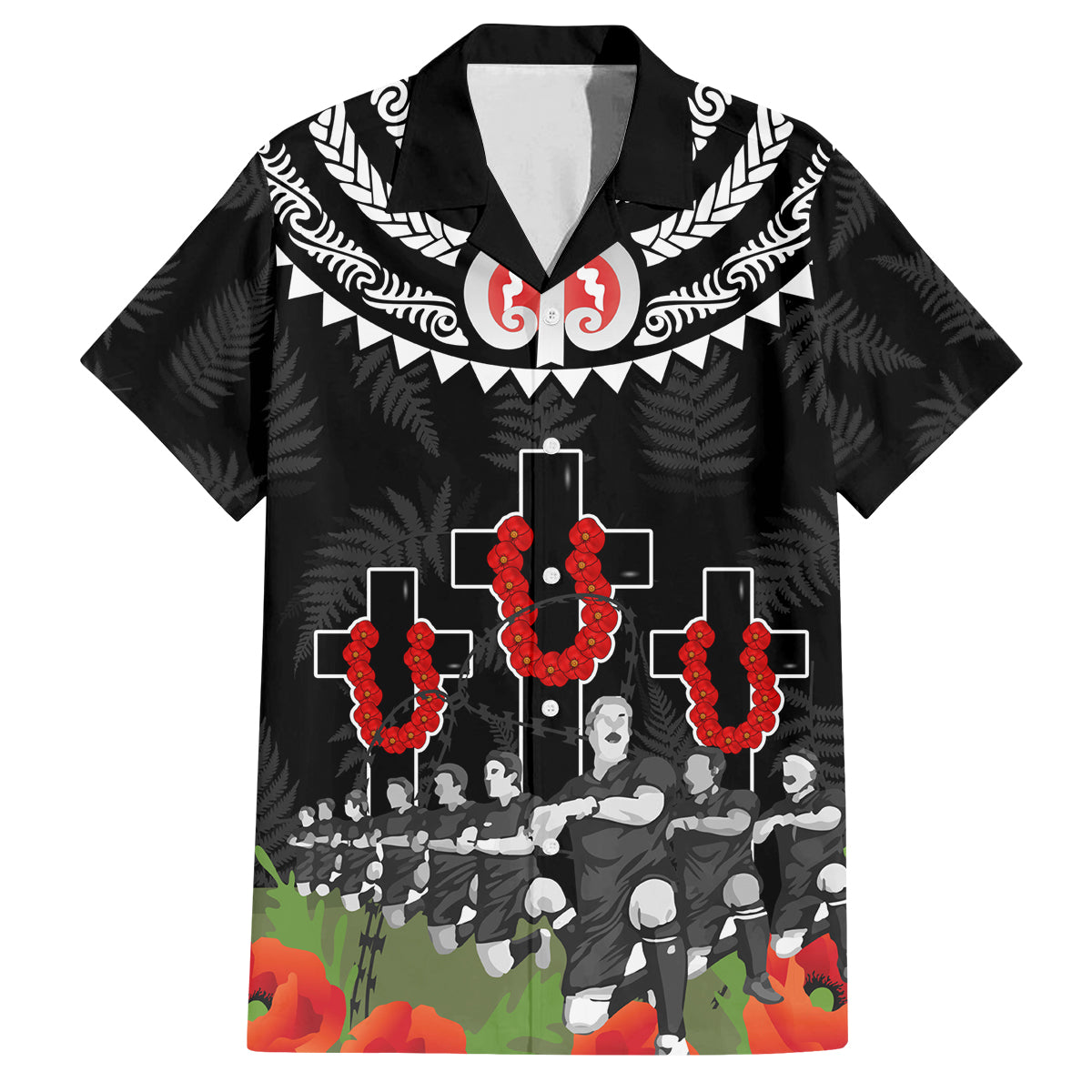 New Zealand ANZAC Day Family Matching Puletasi and Hawaiian Shirt Lest We Forget Haka Dance Respect LT03 Dad's Shirt - Short Sleeve Black - Polynesian Pride