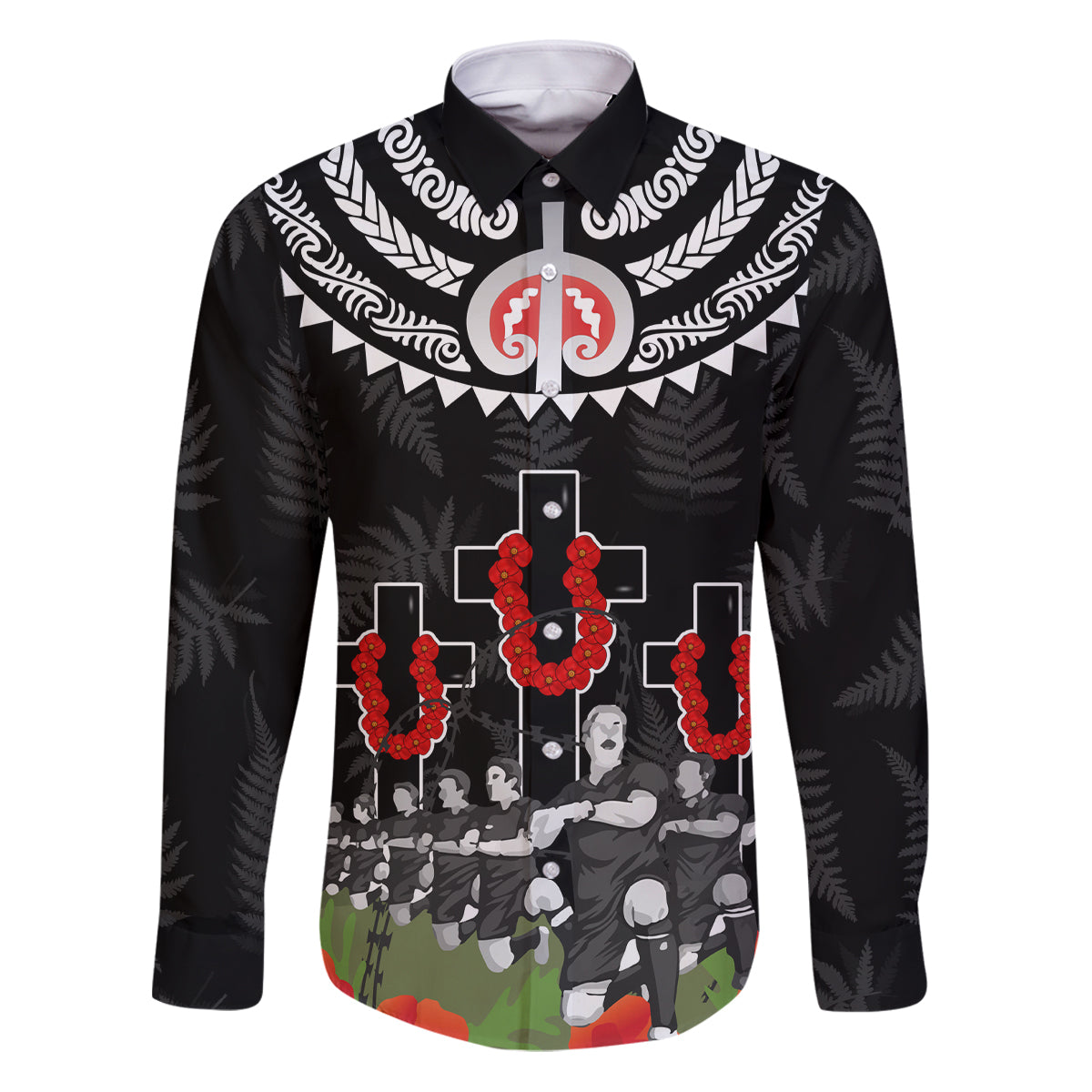 New Zealand ANZAC Day Family Matching Puletasi and Hawaiian Shirt Lest We Forget Haka Dance Respect LT03 Dad's Shirt - Long Sleeve Black - Polynesian Pride