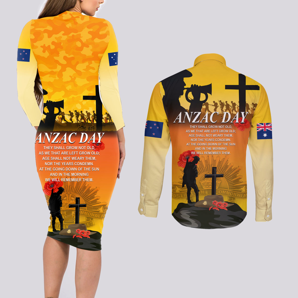 New Zealand and Australia ANZAC Day Couples Matching Long Sleeve Bodycon Dress and Long Sleeve Button Shirt Gallipoli Lest We Forget LT03 - Polynesian Pride