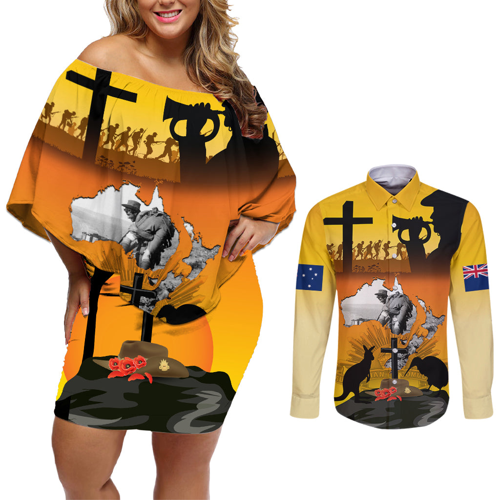 New Zealand and Australia ANZAC Day Couples Matching Off Shoulder Short Dress and Long Sleeve Button Shirt Gallipoli Lest We Forget LT03 Yellow - Polynesian Pride